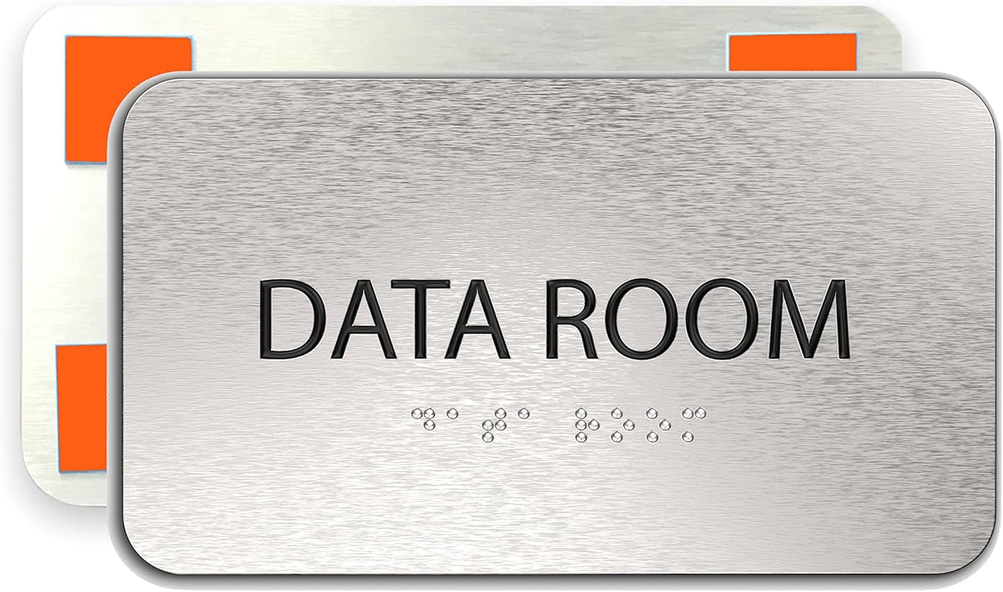 ADASigns Data Room Sign 7" W x 4" H - Durable Brushed Aluminum with Grade 2 Braille - Easy Installation with Strong Double Sided Tape - ADA Compliant Office & Businesses Signs for Wall