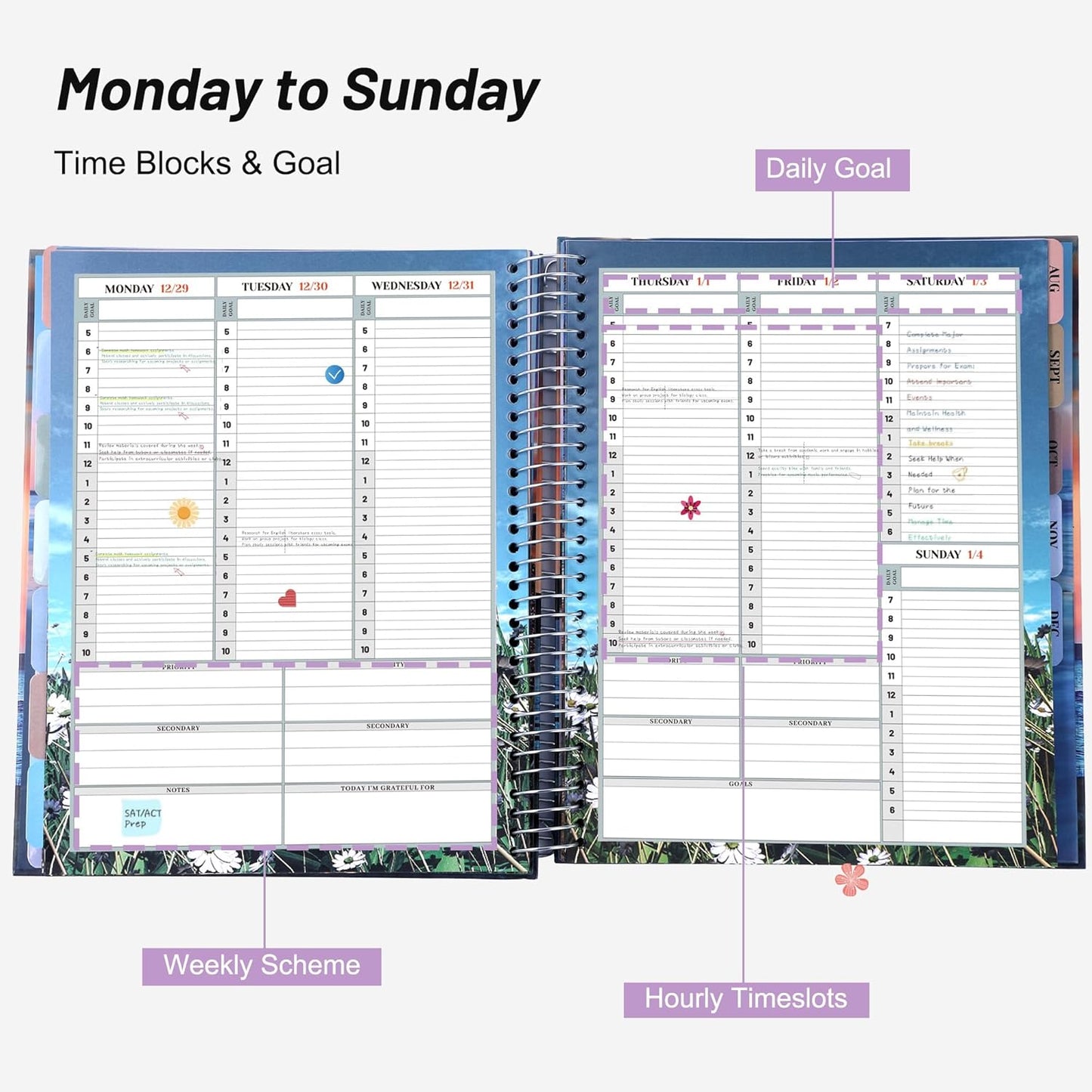 CAGIE Planner 2026 Monthly (Jan. 26-Dec. 26), 12 Month Academic Planner 8.5"x11", Large Daily Planner with Hourly Timeslot, Monthly Tab, Spiral Binding, Bookmark