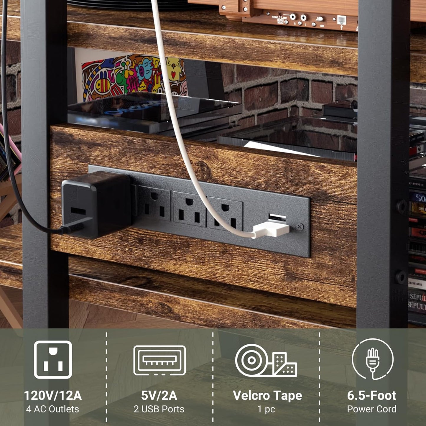 AV Media Stand with Outlets, Stereo Stands and Racks with Vinyl Storage, Stereo Stand with Record Storage, Audio Stereo Rack Cabinet, Turntable Console Stand with LED lights, 4 Tiers, Rustic Brown