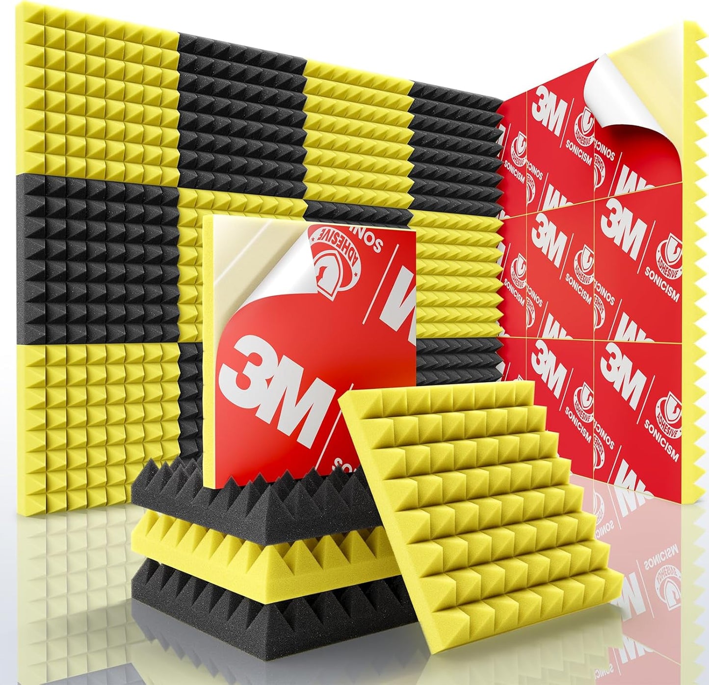 Sonicism Acoustic Panels Self-Adhesive Pyramid 12 Pack,12" X 12" X 2" Sound Proof Foam Panels for walls,35kg/m³High Density Soundproof Wall Panels Fast Expand,Sound Absorption&Decoration(Black/Yellow)