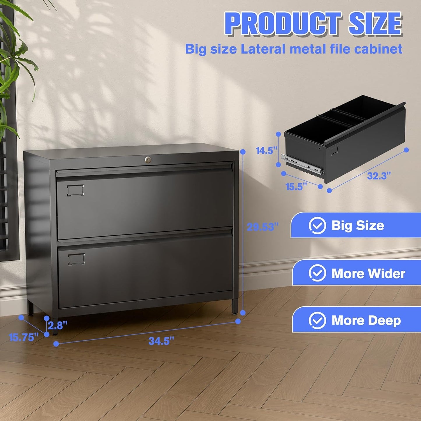 Metal 2 Drawer Lateral File Cabinet with Lock & Adjustable Feet - Wide Filing Cabinet for Letter/Legal/F4/A4 Hanging Files - Includes Business Card Holder,Home Office School Storage,Black