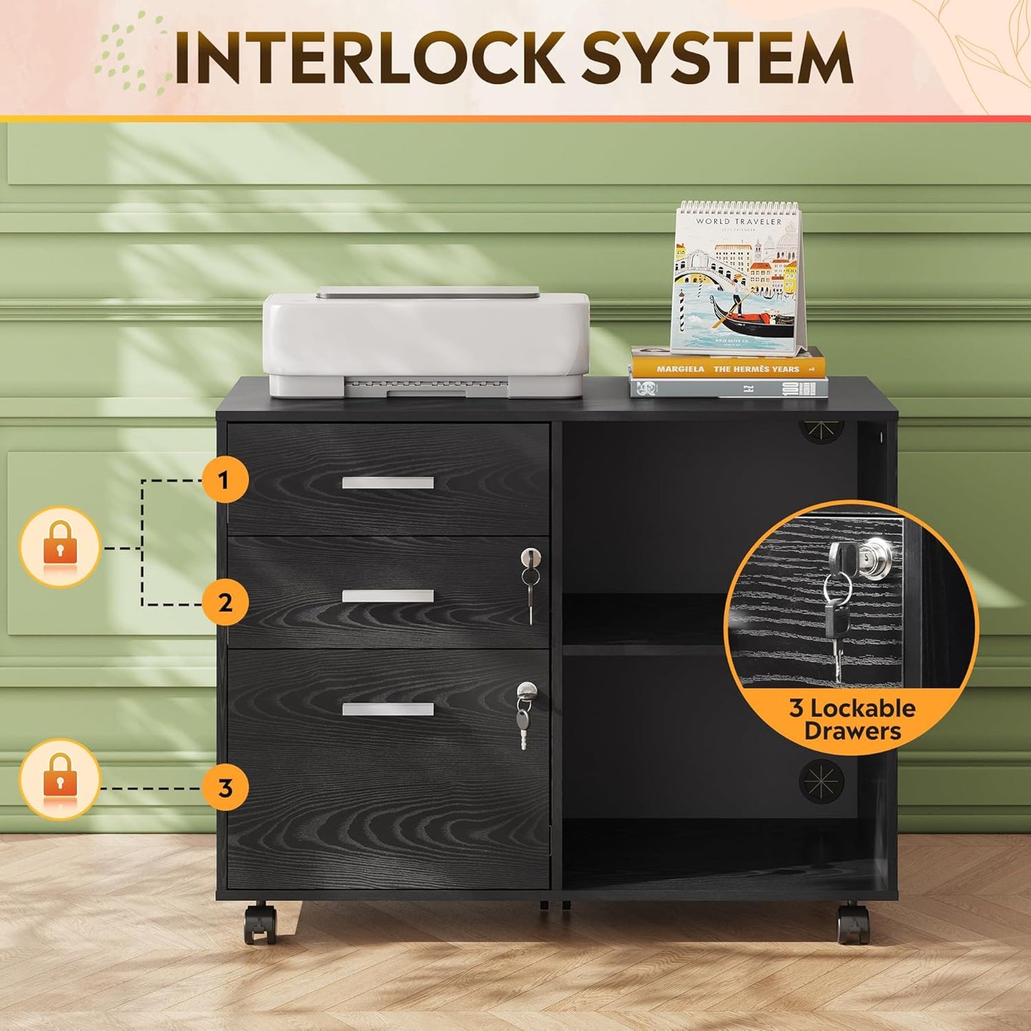 DEVAISE 3-Drawer Wood File Cabinet with Lock, Mobile Lateral Filing Cabinet, Printer Stand with Open Storage Shelves for Home Office, Black