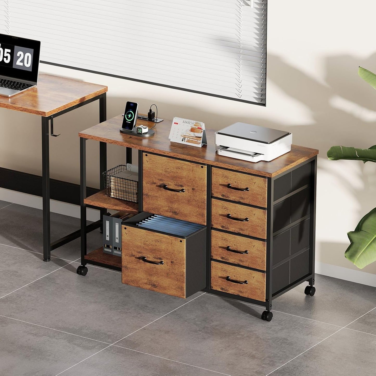 6 Drawer File Cabinet with Charging Station Rolling Printer Stand with Open Storage Shelf Fabric Lateral Filing Cabinet for Home Office,Rustic Brown2