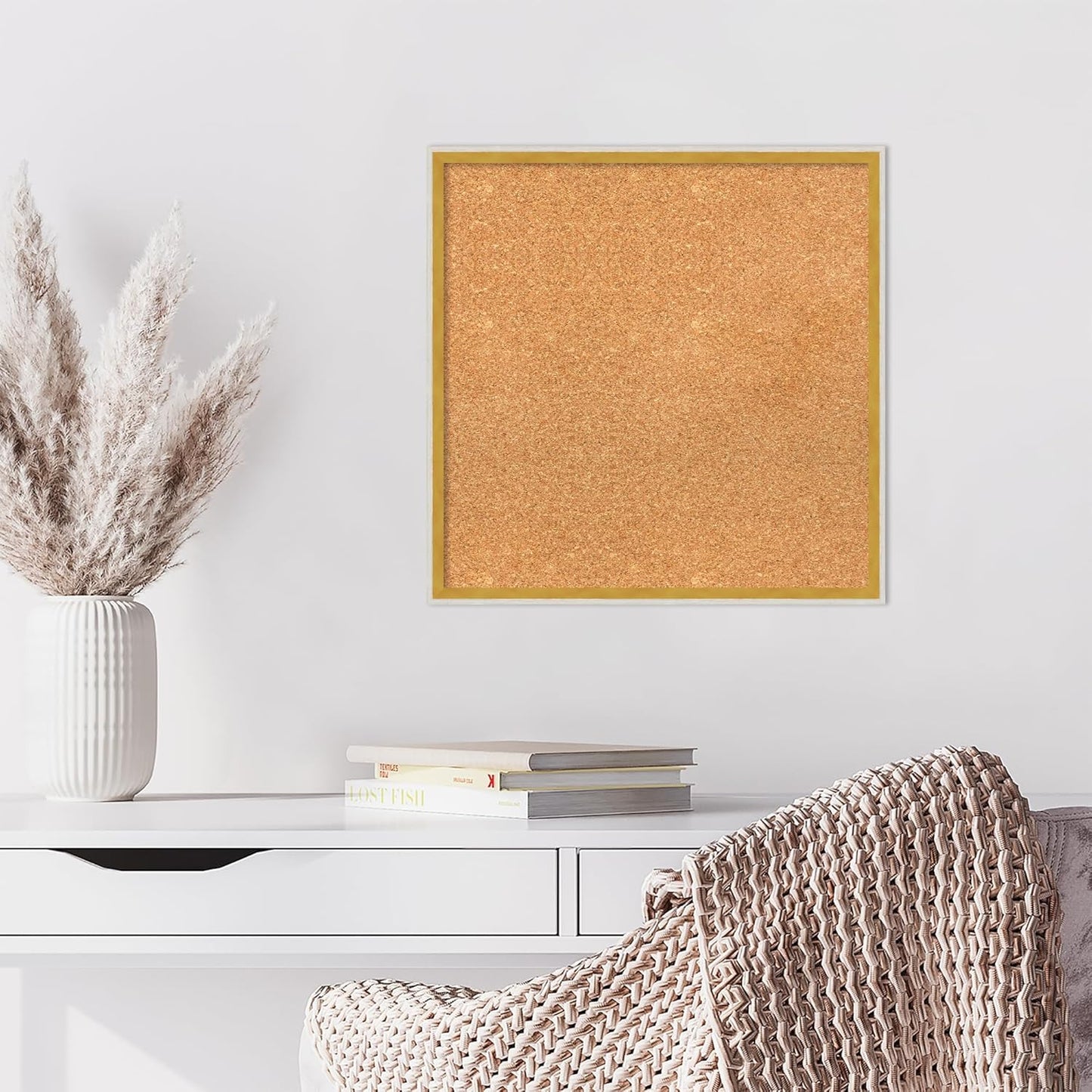 Amanti Art Natural Cork Board for Wall, 21x21 Vision Board with White Frame, Medium Corkboard Office Decor for Home Organization, Modern Corkboard Pinboard to Display Items for Home Organization in