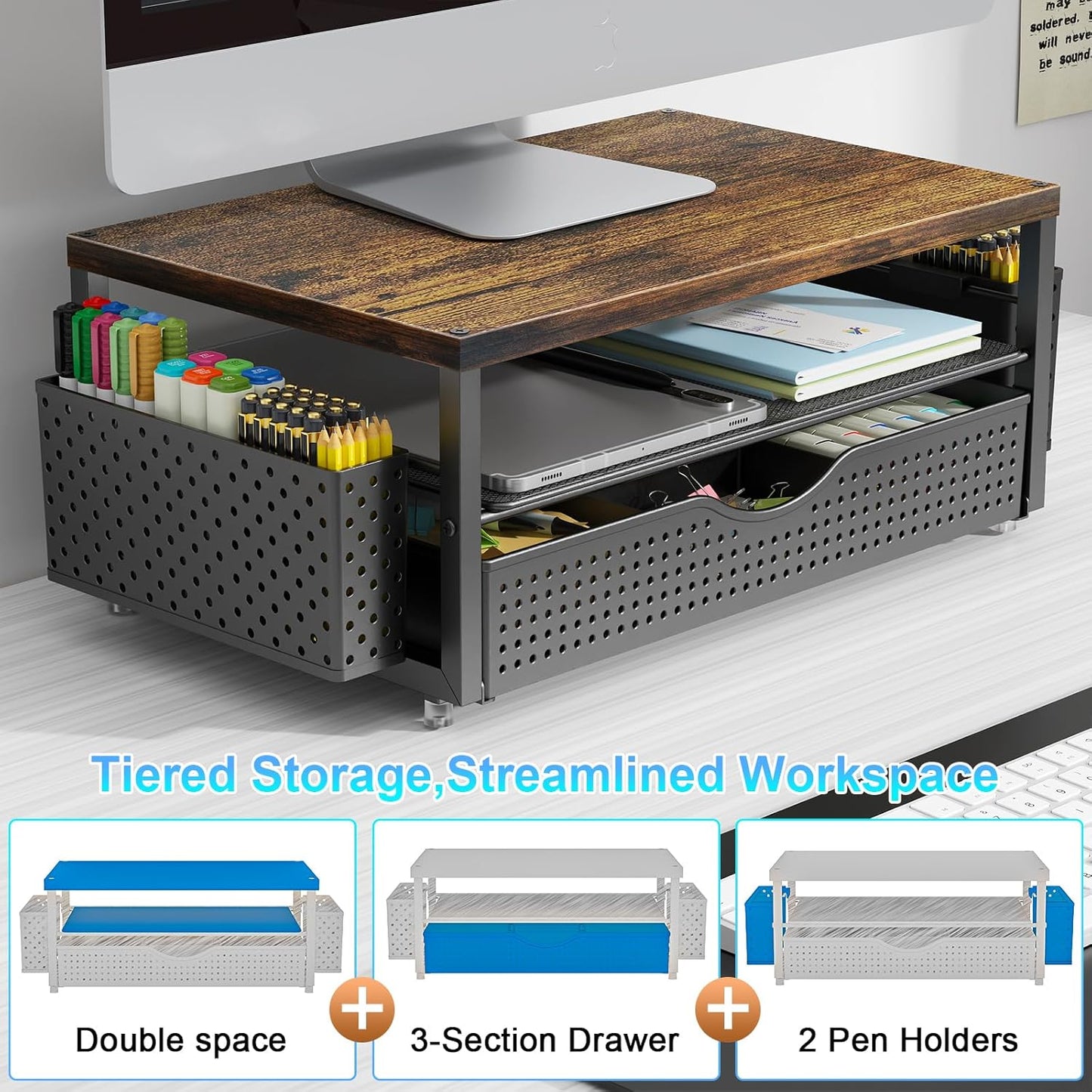 gianotter Wood Monitor Stand Riser, Office Desk Shelf Organizer, Desk Organizer with Drawer and Pen Holder, 2-Tier Computer Stand, Office Organization (Wood)