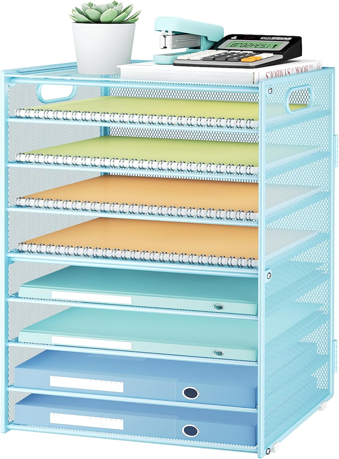 Subekyu 9 Tier Paper Letter File Tray Organizer for Desk, Large Mesh Desk Folder Sorter Organizer with Handle, Include 6 Pcs Adjustable Height Slid Tray for Office Home School Supplies Storage, Blue