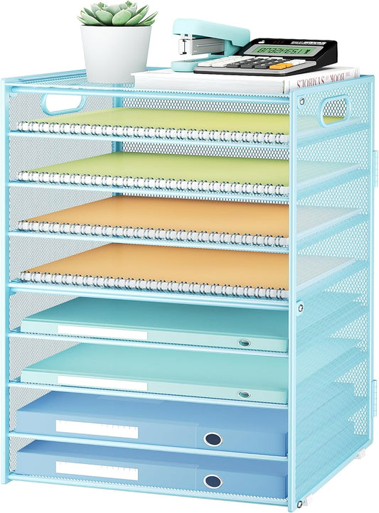 Subekyu 9 Tier Paper Letter File Tray Organizer for Desk, Large Mesh Desk Folder Sorter Organizer with Handle, Include 6 Pcs Adjustable Height Slid Tray for Office Home School Supplies Storage, Blue