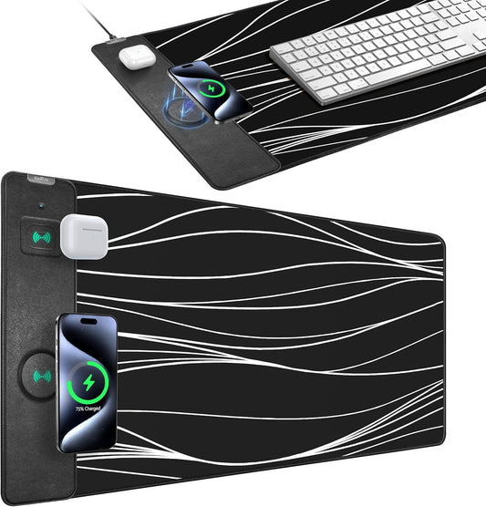 Mouse Pad with Wireless Charging, Gaming Mouse Pad with Ultra-Smooth Surface, Large XXL Desk Mat, Non-Slip Mouse Mat, Waterproof Computer Keyboard Pad for Desk, Office, 800x400x4MM, Black and Line