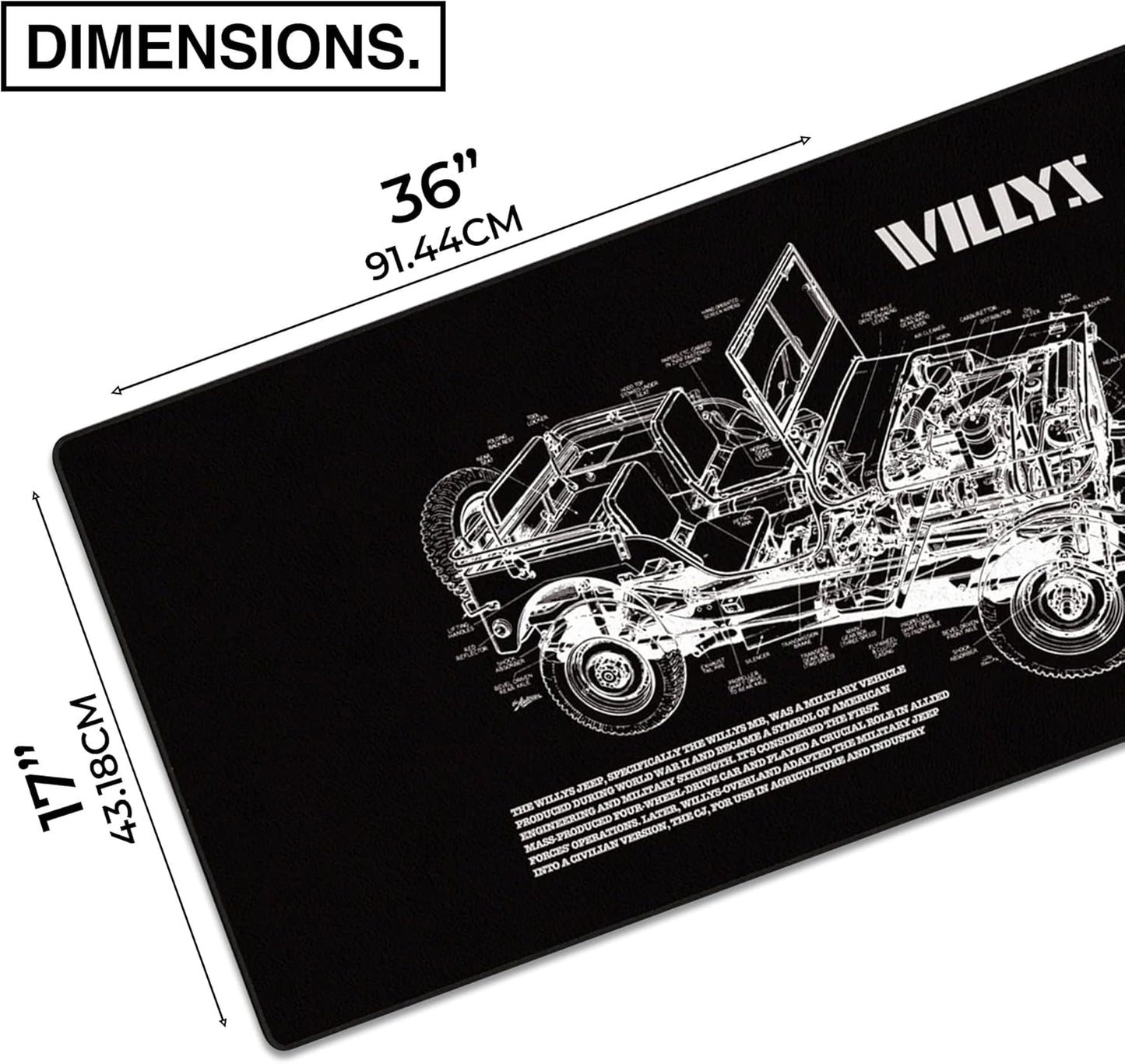 MPCO. Blueprints Large Gaming Desk Pad - 36" x 17" Duraglyde Fabric Willys Jeep – Black Desk Mats - Non-Slip, Washable, Smooth Glide for Precision Gaming & Work