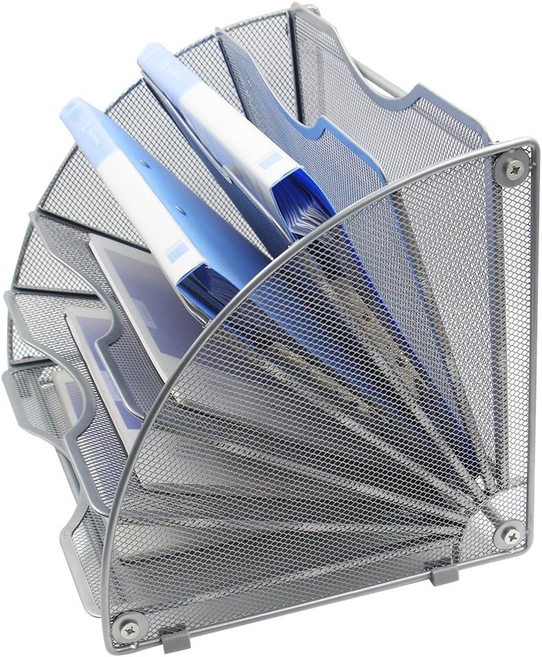 EasyPAG Desk File Organizer, 6-Section Vertical File Folder Holder Stand, Fan-Shaped Metal Rack File Sorter for Office Classroom Desktop Organization, Silver
