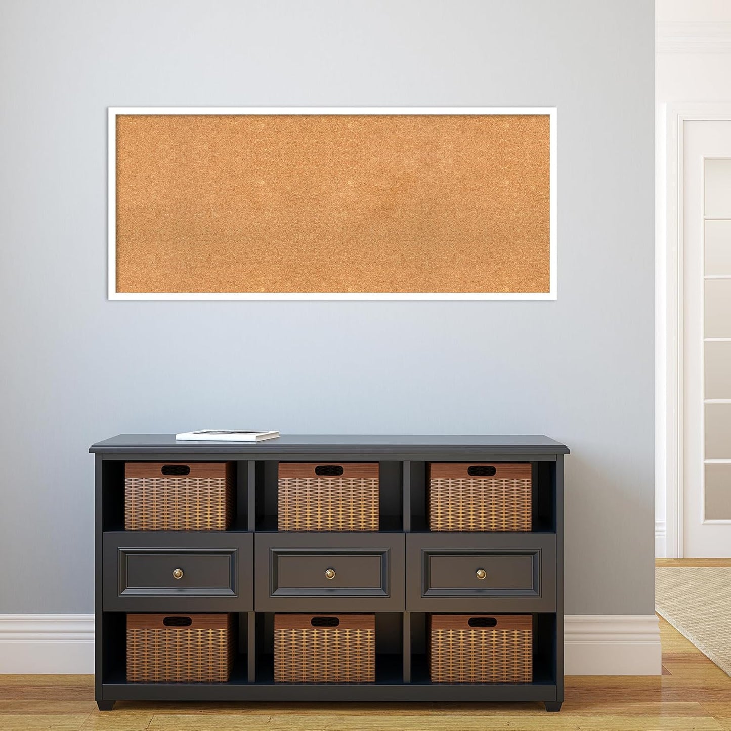 Amanti Art Natural Cork Board for Wall, 21x49 Vision Board with White Frame, Oversize Corkboard Office Decor for Home Organization, Modern Corkboard Pinboard to Display Items for Home Organization in