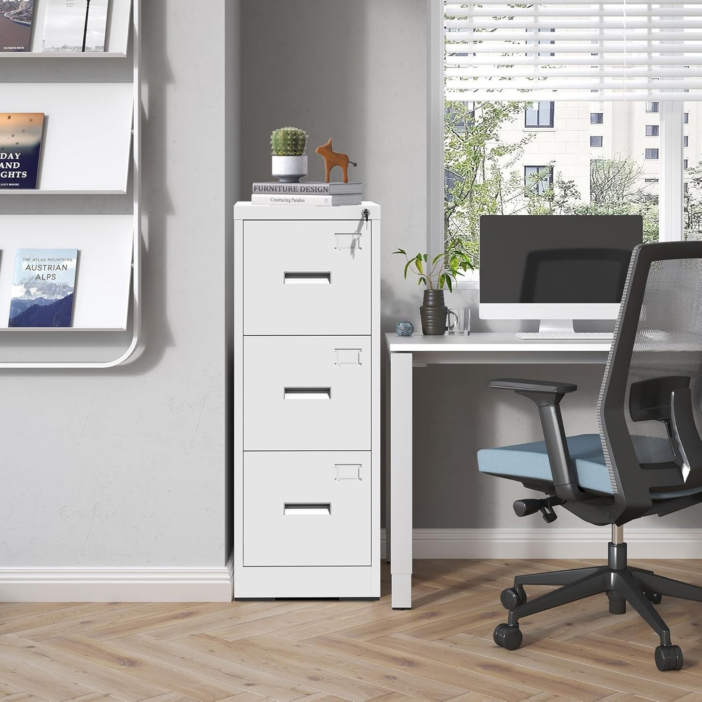 3 Drawer File Cabinet with Lock and Card Slot, Metal Vertical Filing Cabinets for Home Office, Steel Storage Cabinet for Hanging Legal/Letter Size Files, Assembly Required (White)