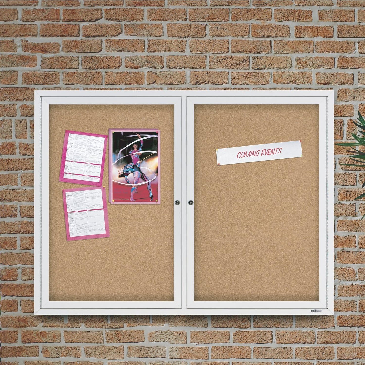 Quartet Cork Bulletin Board, 2 Glass Doors, Enclosed, 4' x 3', Outdoor Message Board, Aluminum Frame (2124)