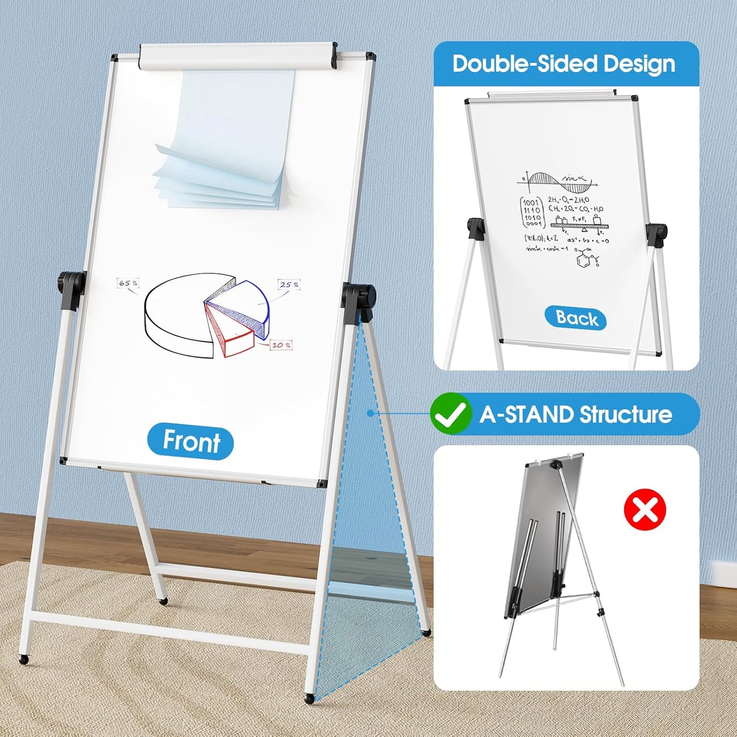 MaxGear Large White Board Easel Stand, 40" x 28" A-Stand Double Sided Magnetic Dry Erase Board with Height Adjustable and 360° Rotation, Portable Classroom Easel for School or Teaching at Home, Office