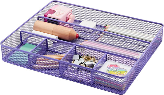 Annova Desk Top Organizer Tray for Office Organization - Metal Mesh - Storage Tray with Dividers for Pens, Desktop Accessories, Bathroom, Kitchen, Makeup and Office Supplies (Large, Purple)