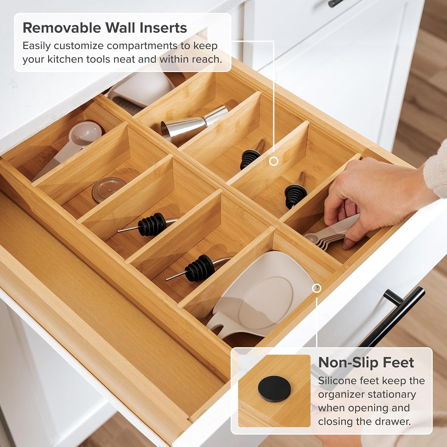 Premium Kitchen Utensils and Junk Drawer Organizer – Small 5-Compartment Design with 4 Removable Dividers, Non-Slip Feet, 100% Sustainable Bamboo