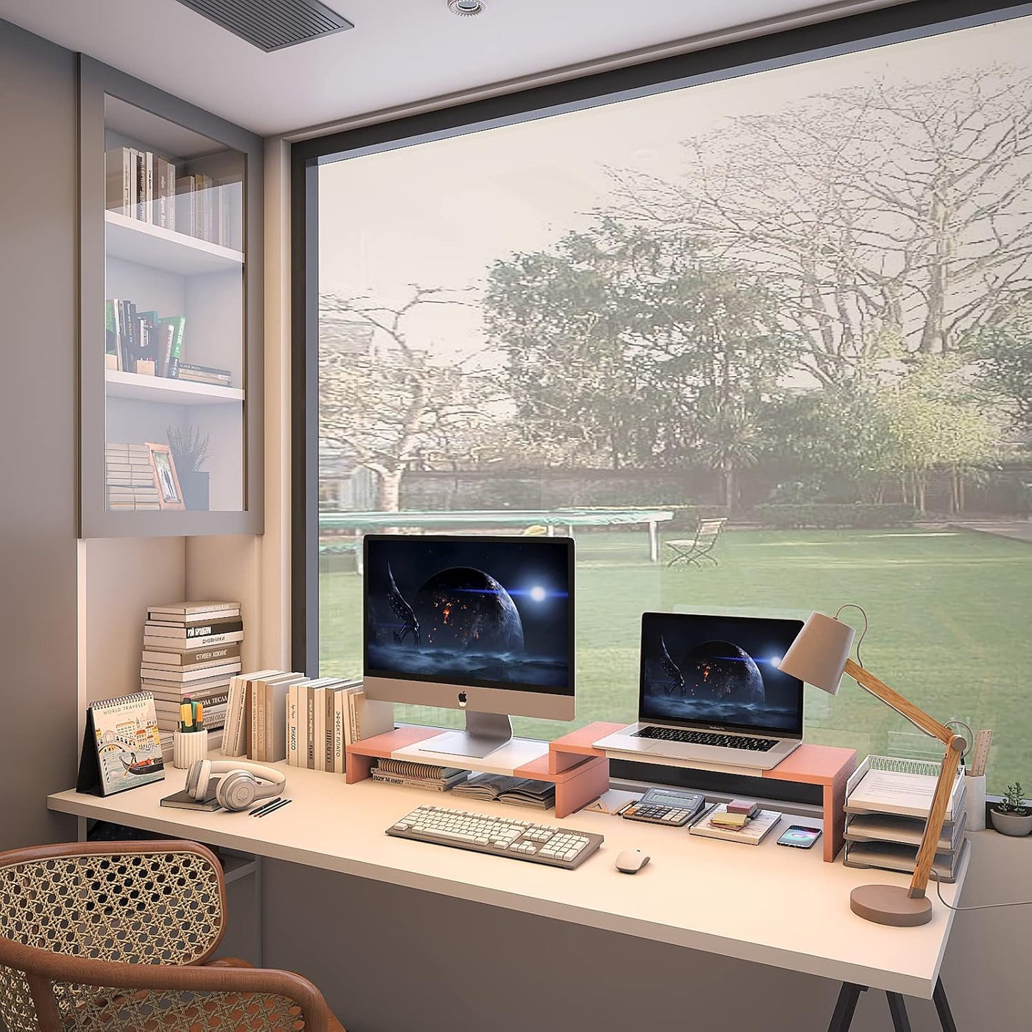 WESTREE Dual Monitor Stand - Monitor Stand Riser - 2 Shelf Computer Monitor Stand with Adjustable Length and Angle, Monitor Stands for 2 Monitors, Desktop Organizer Stand for PC, Computer, Laptop