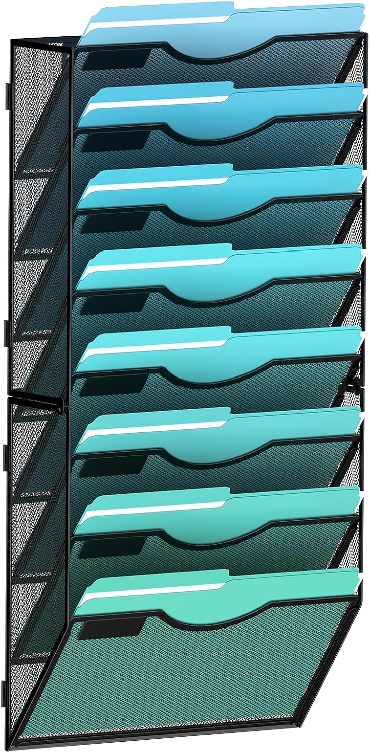 8-Tier Wall File Organizer Hanging Wall File Holder Wall Mount Paper Folder Organize, Mesh Magazine Document Mail Organizer Wall Organizer for Office School Home, Black