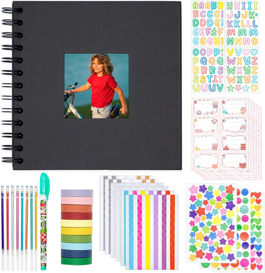 Kid Scrapbook Photo Album Hard Cover DIY Photo Album for Kids Instant Camera Print Paper with DIY Accessories (Black)