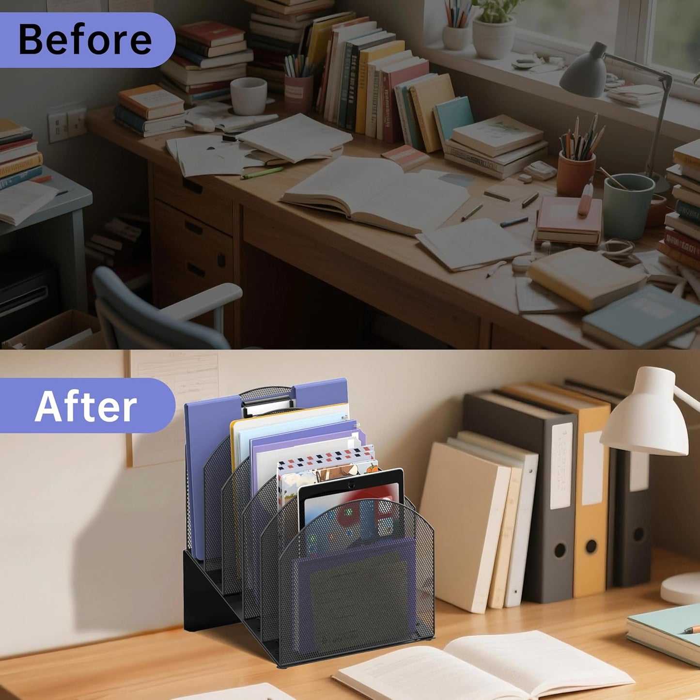 Desk File Organizer, Vertical File Folder Organizer with 5-Section, Document & Record Holder and Storage for Home Office School, Black