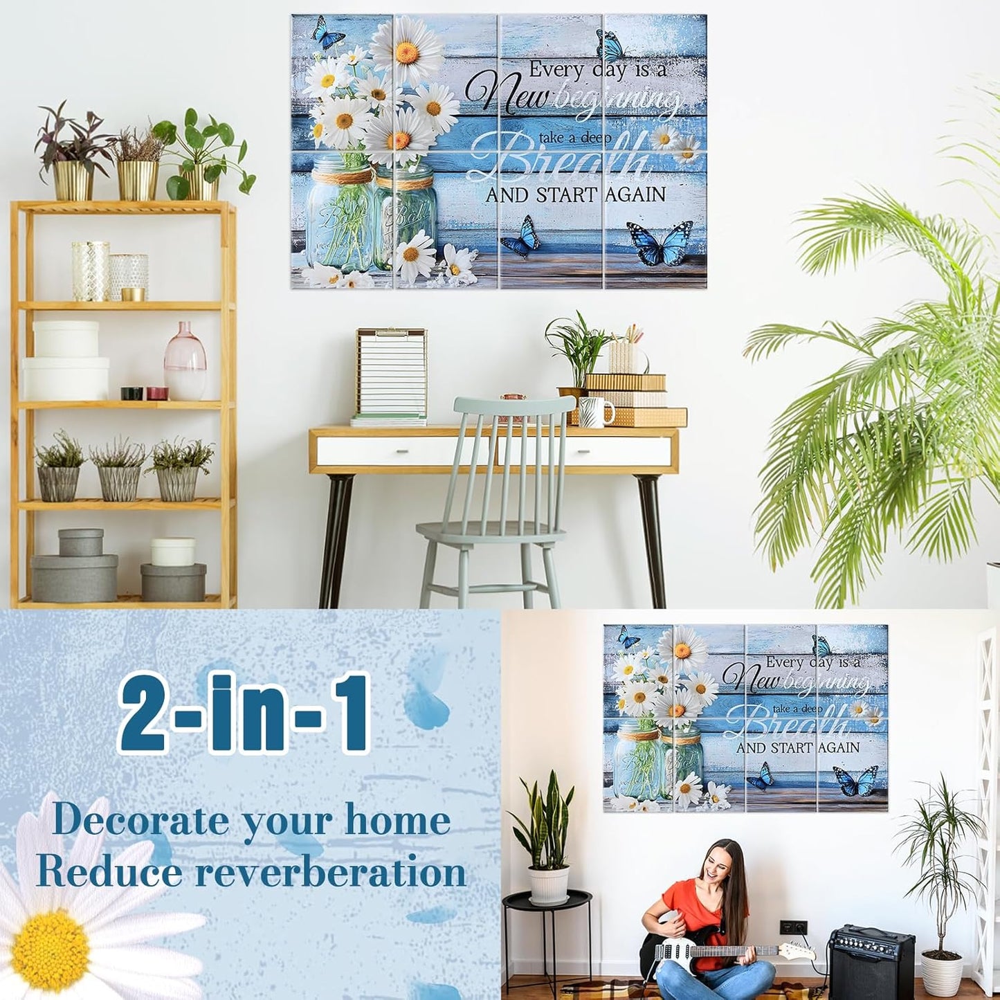 8 Pack Art Acoustic Panels, 48X32 Inches Soundproof Wall Panels Self Adhesive Decorative Sound Absorbing Padding, Noise Dampening Canceling Reducing Blocker for Room Office(Little Daisy)