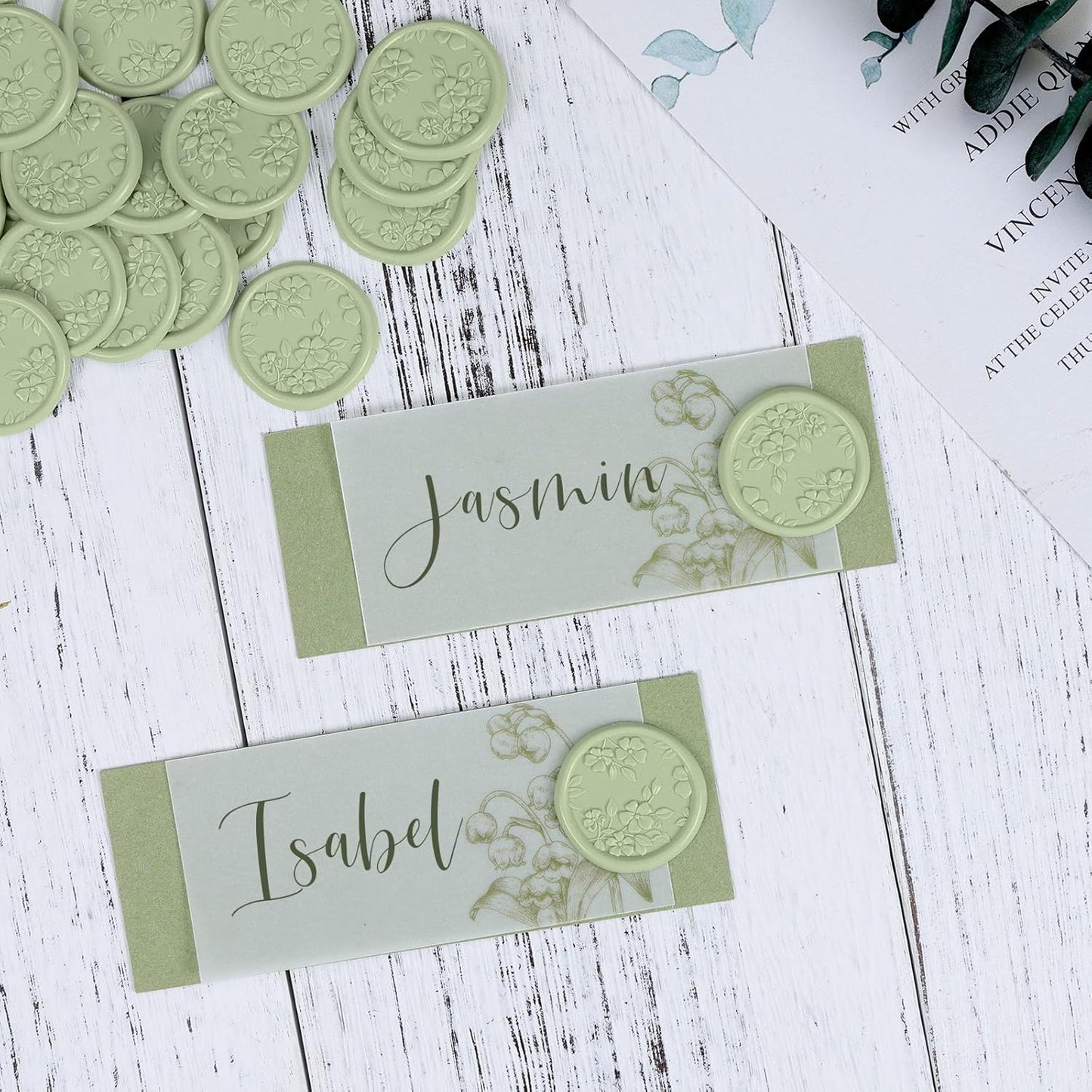 UNIQOOO Wax Seal Stickers - 3D Begonia Wedding Invitation Envelope Botanical Seal Stickers, 50 Pcs Self- Adhesive Sage Green Stickers, Perfect for Invitation, Christmas, Gift Wrapping, Party