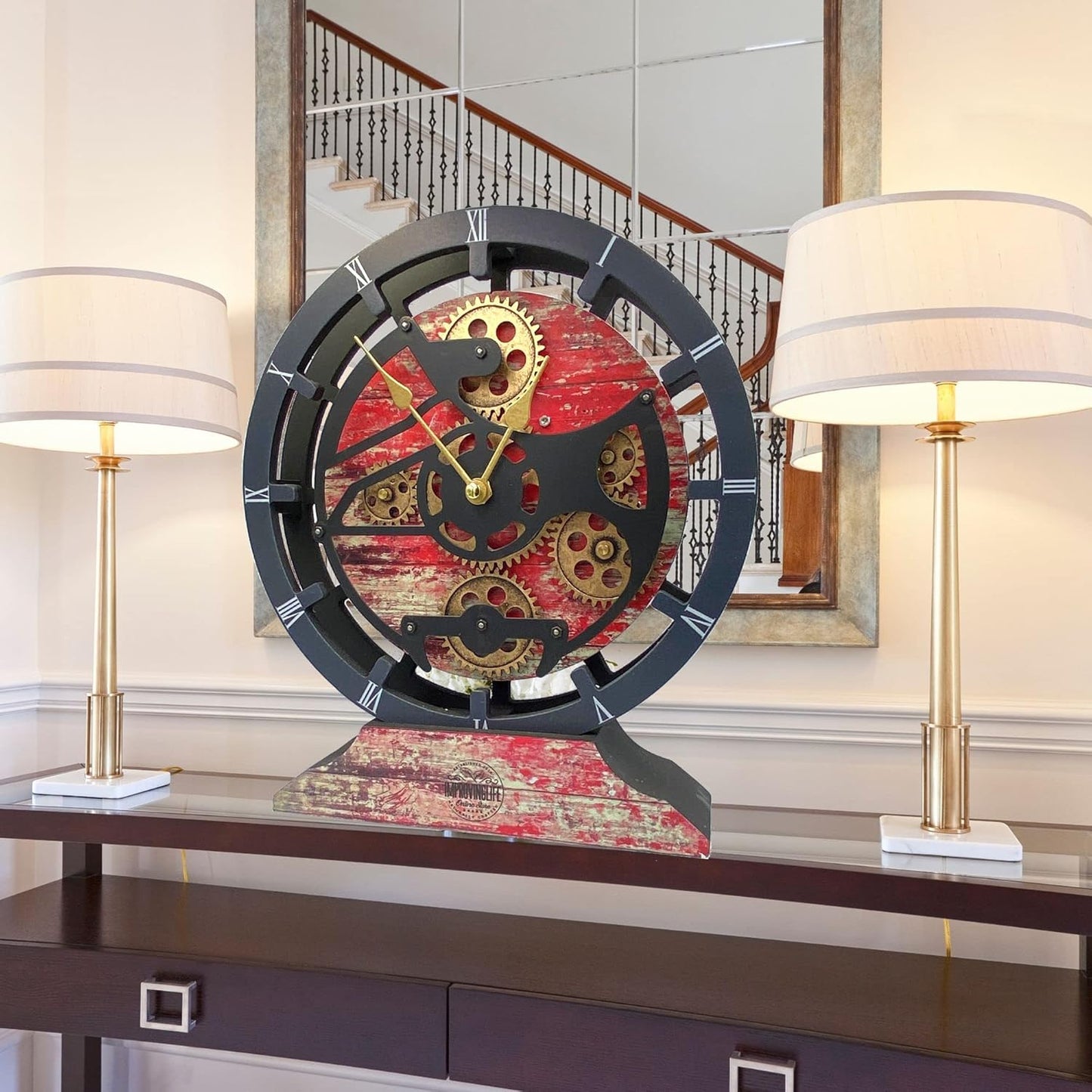 The Gears Clock 16 inches Wall Clock with Real Moving Gears Convertible into a Big Mantel Clock (Red Lava)