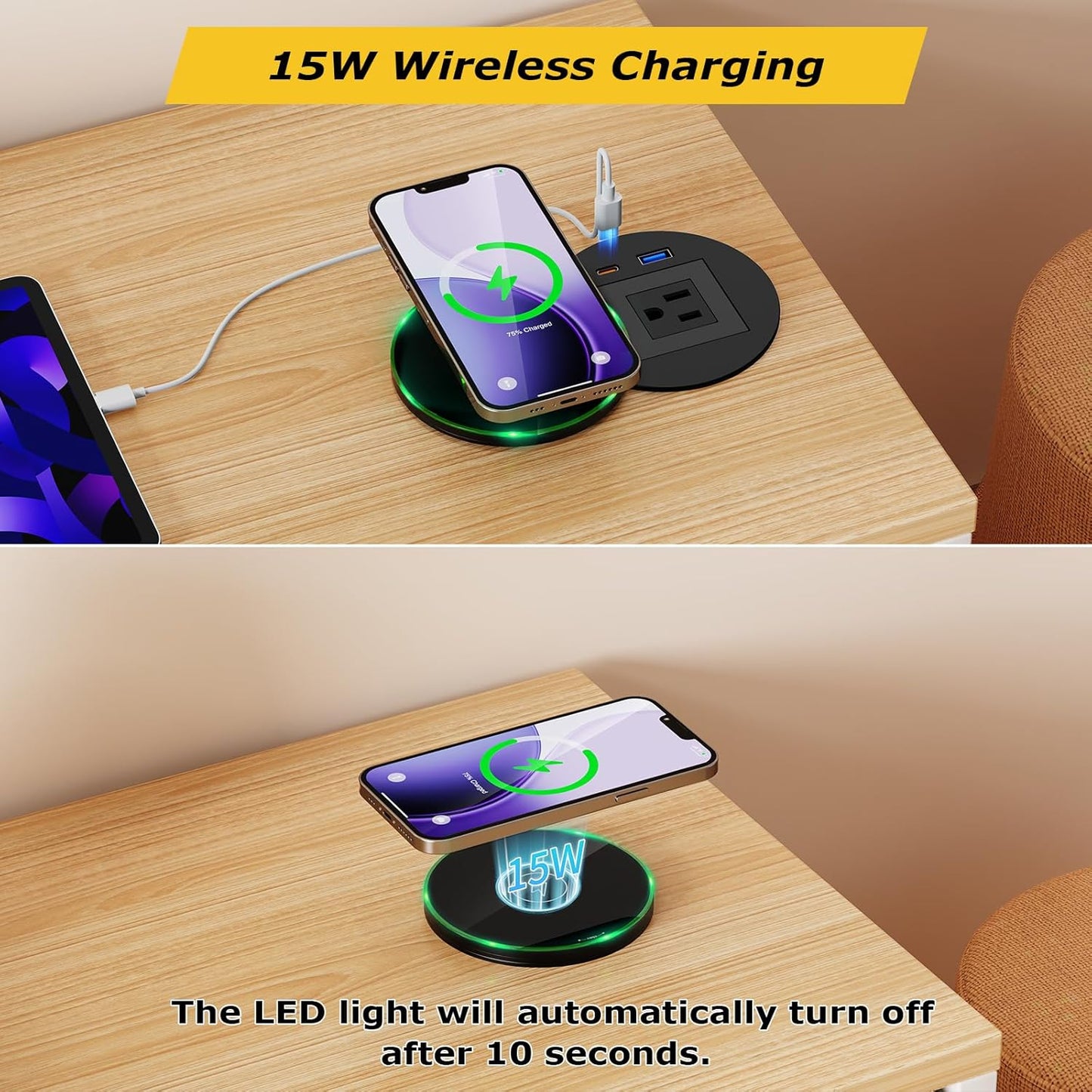 Desk Power Grommet with PD 30W USB C, 15W Wireless Recessed Power Outlets with 1 AC Plugs and 2 USB Ports, Hidden Power Strip for Office Kitchen Cabinet Conference Room