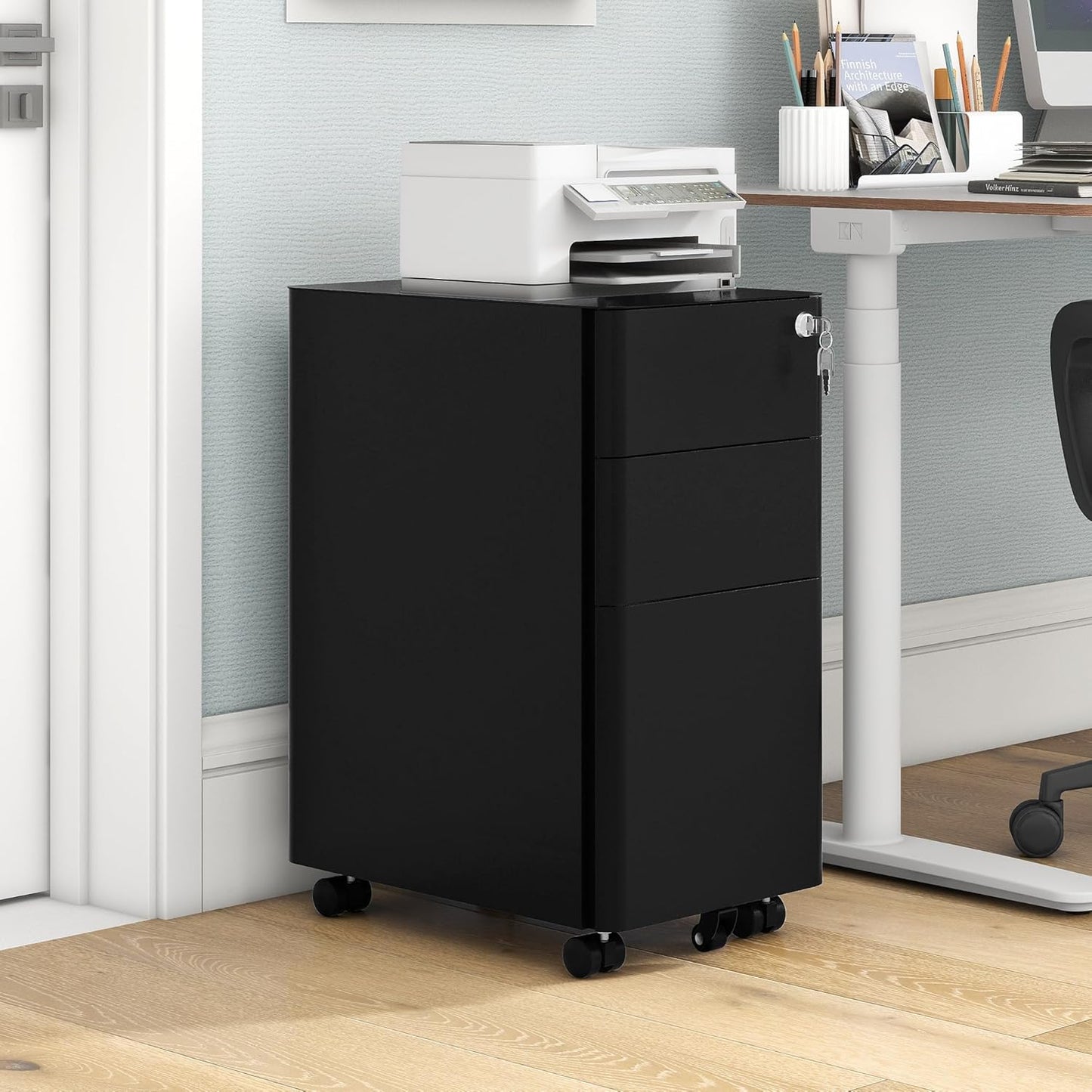 DWVO 3-Drawer Vertical File Cabinet, Mobile Filing Cabinet with Lockable, Pre-Assembled Compact Slim File Cabinet, Portable Office Storage for A4/Letter/Legal Documents (Black)