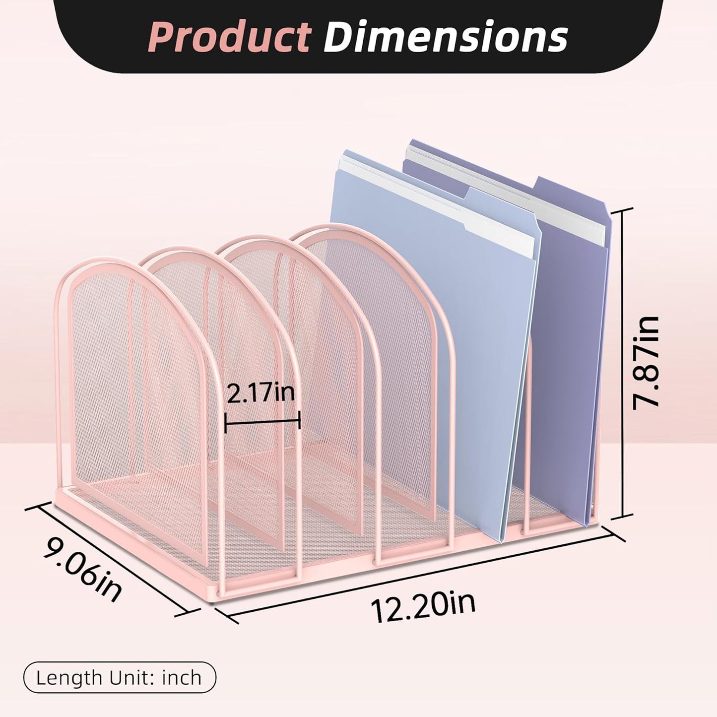 SUPEASY File Organizer - 5-Section Mesh Desktop File Sorter, Upright File Folder Holder for Office Supplies, Pink