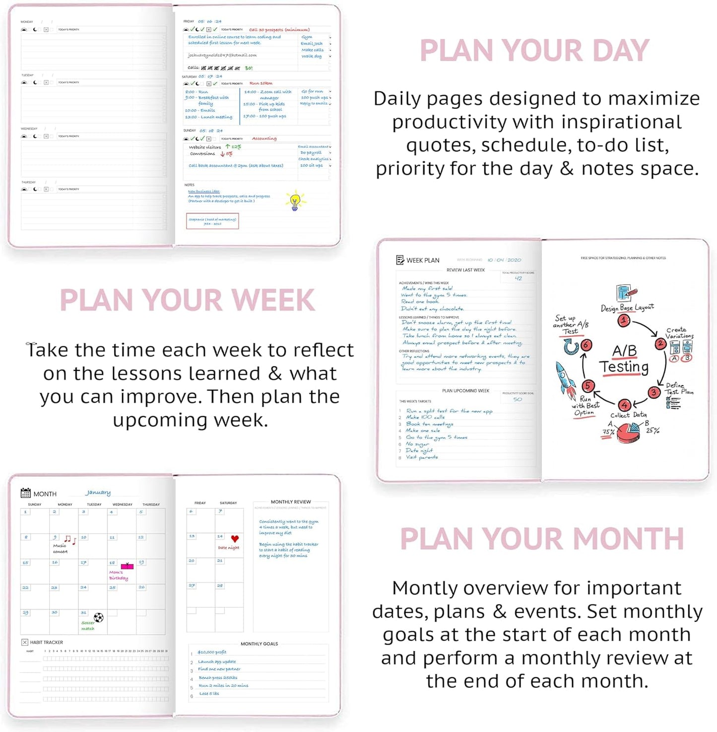Undated Daily Planner – 1-Year B5 Productivity Organizer with Two-Page Weekly Spread, Goal Setting, Habit Tracker, Weekly & Monthly Pages – Hardcover Time Management Notebook (Pink)