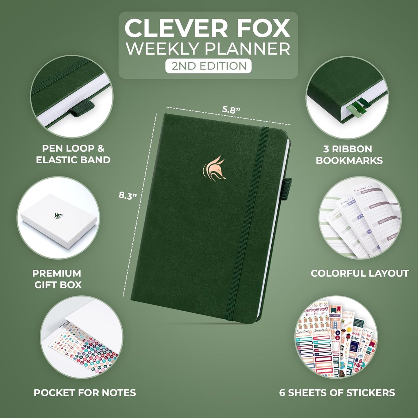 Clever Fox Planner 2nd Edition – Colorful Weekly & Monthly Goal Planner, Time Management & Productivity Organizer, Undated, A5 (Forest Green)