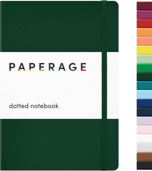 PAPERAGE Dotted Journal Notebook, (Dark Green), 160 Pages, Medium 5.6 in x 8 in - 100 GSM Thick Paper – Hardcover Journaling Notebook for Work, School & Bullet Journaling