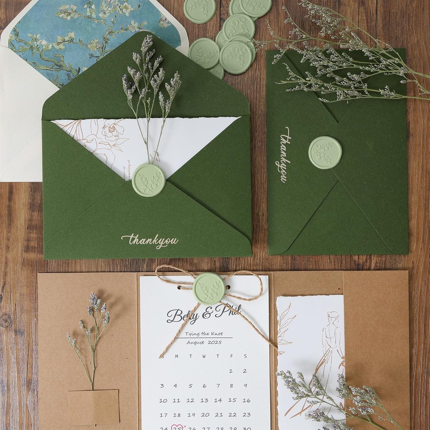 UNIQOOO Wax Seal Stickers - Eucalyptus Leaves Wedding Invitation Envelope Botanical Seal Stickers, 50 Pcs Self- Adhesive Sage Green Stickers, Perfect for Invitation, Christmas, Gift Wrapping, Party