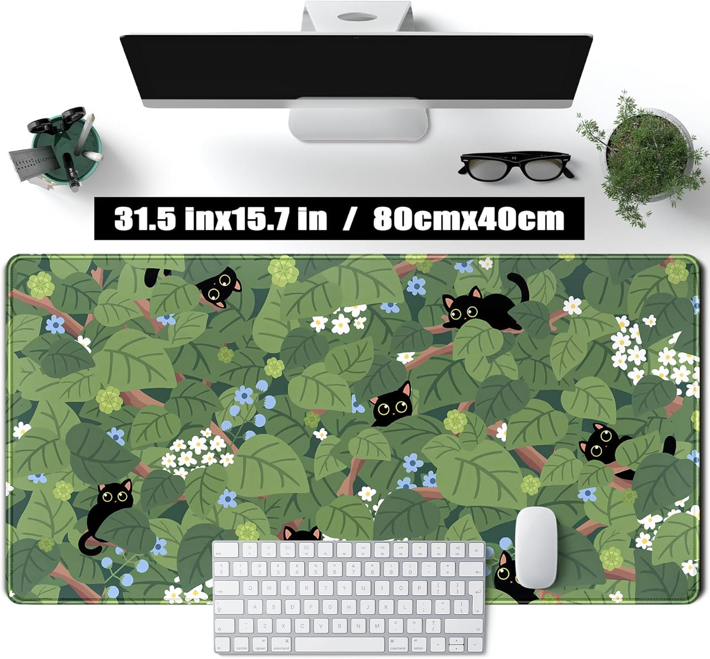 Kawaii Anime Aesthetic Black Cat Forest Plant Desk Mat, Green Sage XXL Large Extended Mouse Pad Gaming Cute Cats Desk pad, Laptop Keyboard and Mouse Mat for Women Desktop Office Decor 31.5x15.7 in