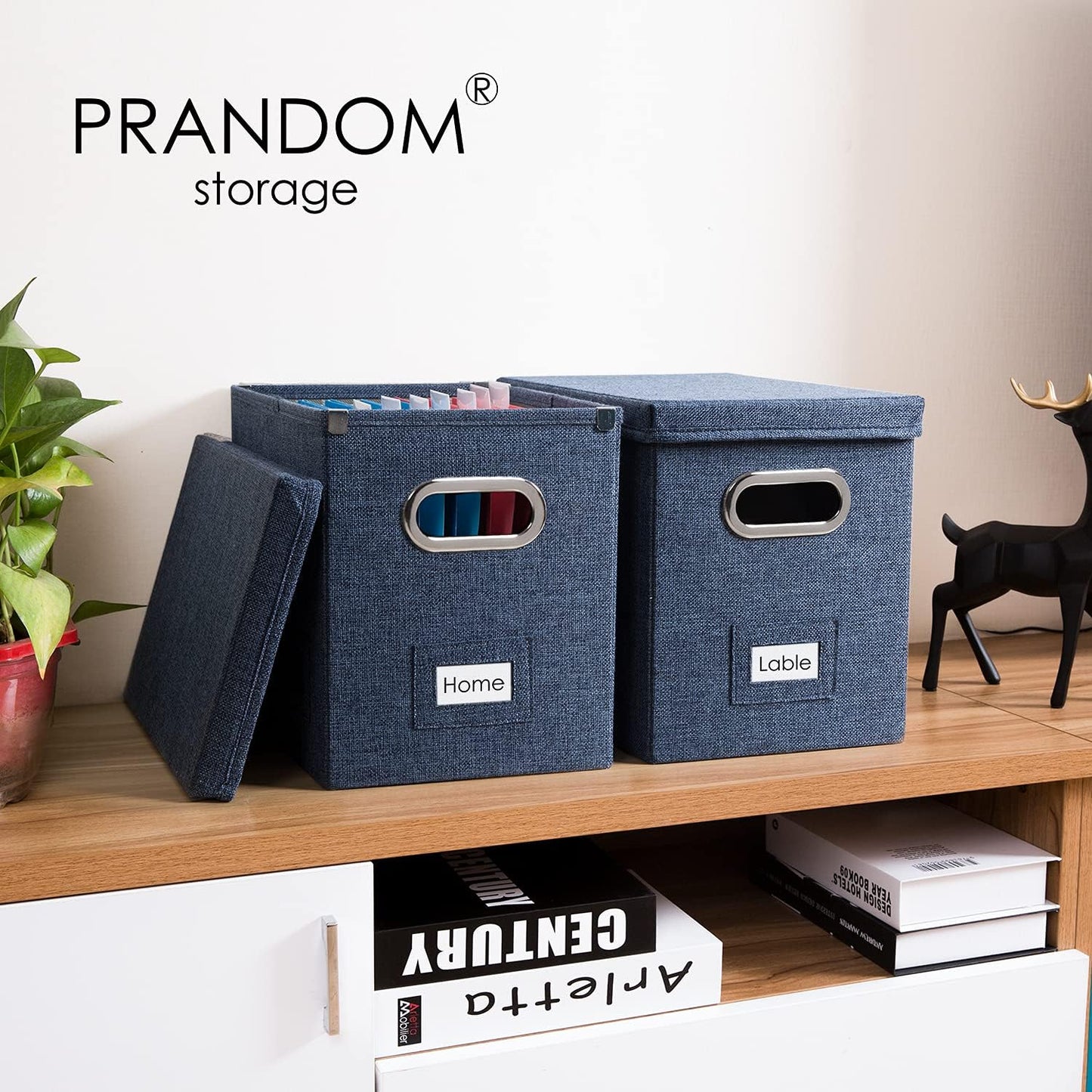 PRANDOM File Organizer Box - Set of 1 Collapsible Decorative Linen Filing Storage Hanging File Folders with Lids Office Cabinet Letter Size Navy Blue (14x9.3x10.8 inch)