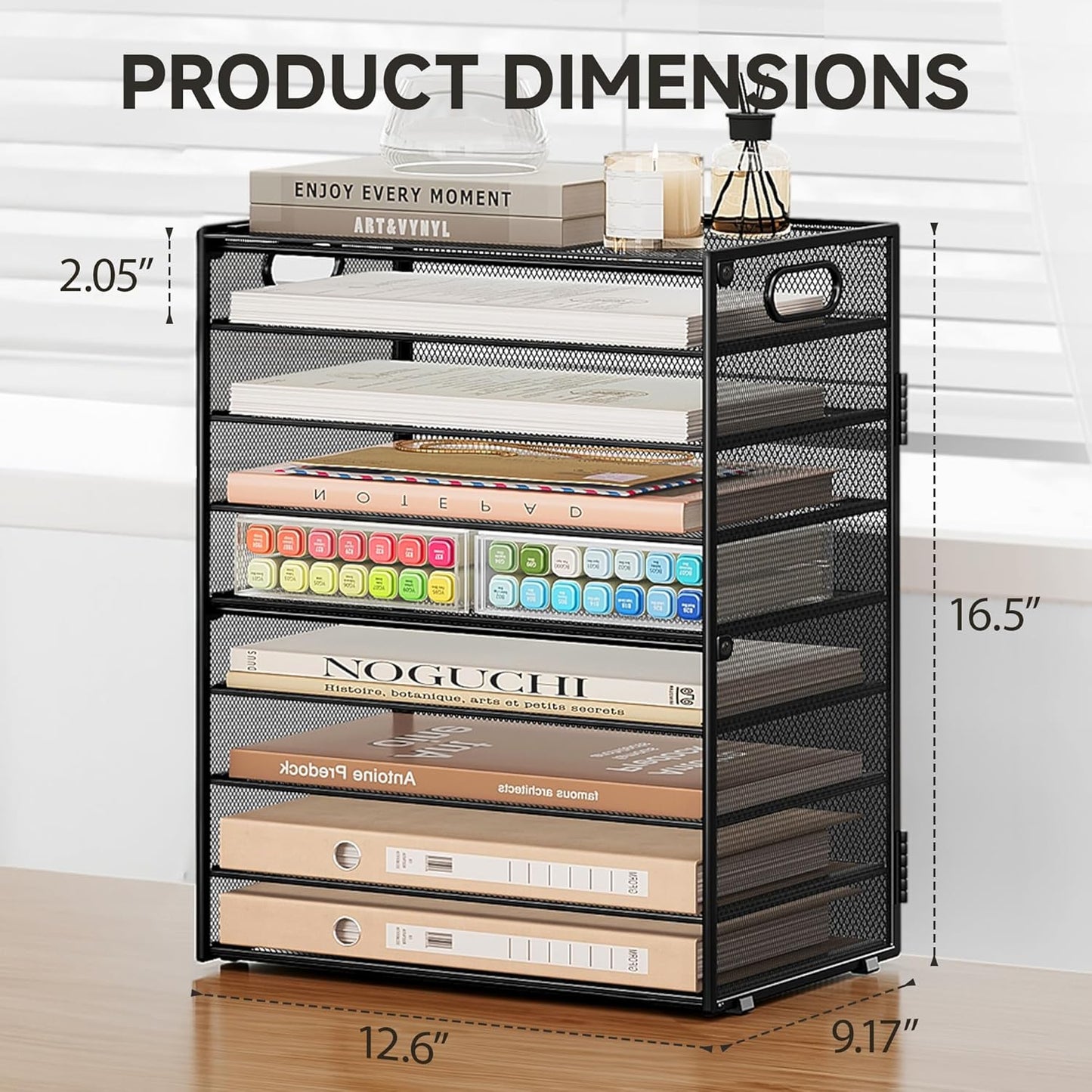 SUBEKYU 9 Tier Paper Organizer for Desk - Black Metal Mesh Letter Tray File Paper Sorter Organizer Include 6 Pcs Adjustable Height Slid Tray with Handles for Office School Home Organization Storage