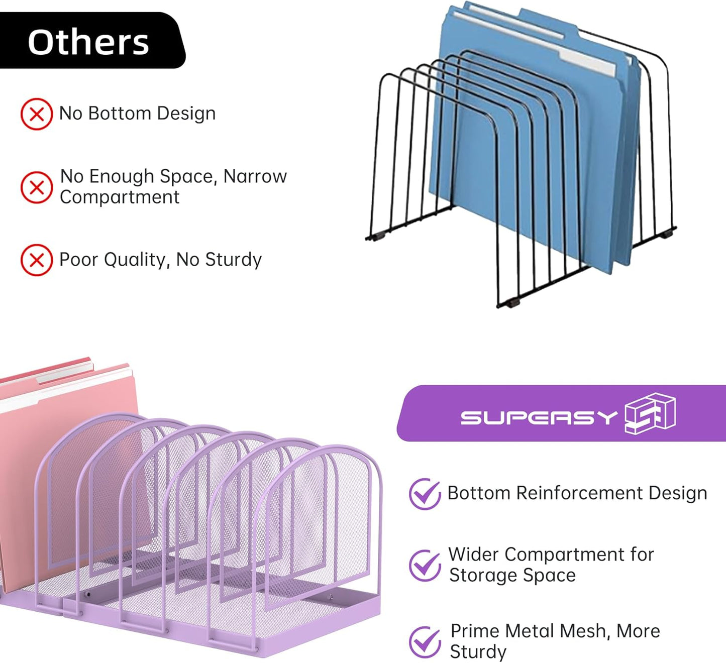 SUPEASY File Organizer 9-Section Mesh Desk Organizer, Upright File Organizer Desktop Organizer File Sorter, File Folder Holder for Office Supplies, Purple