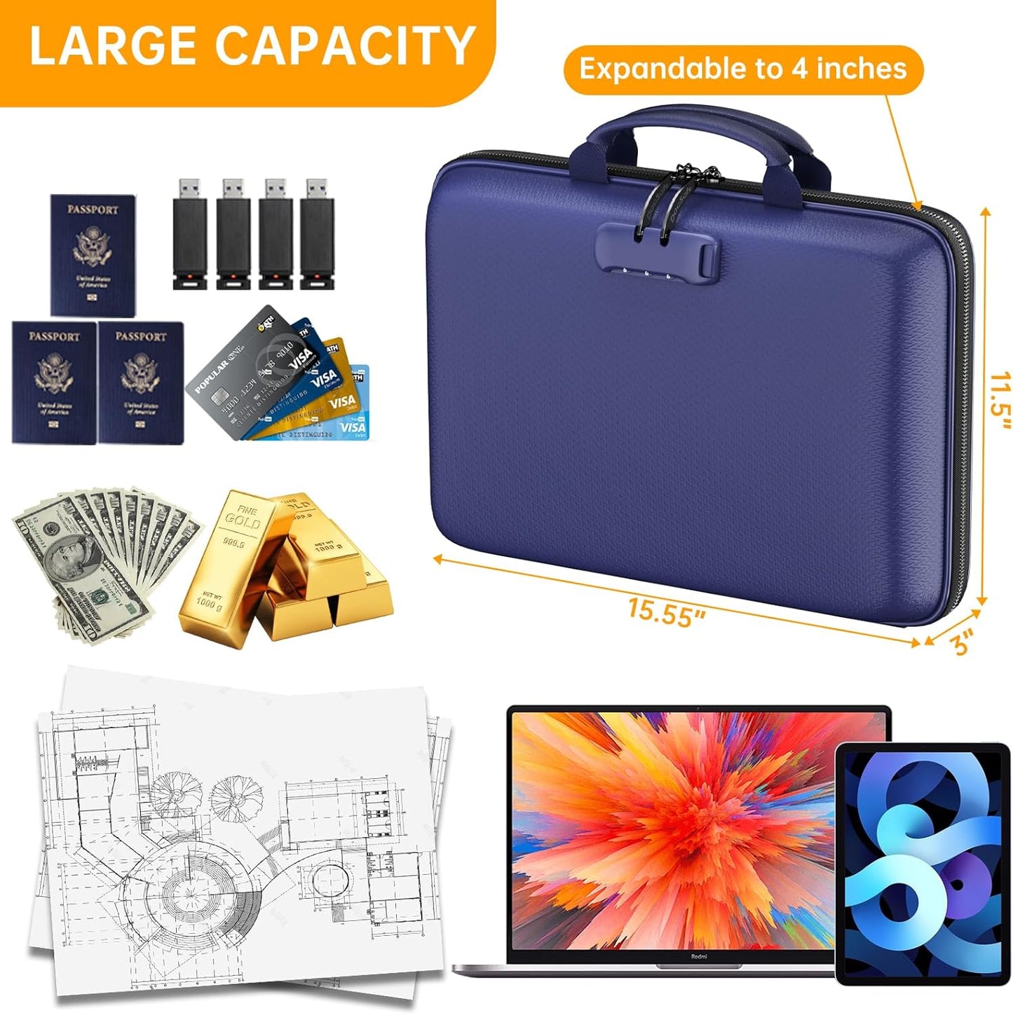 DocSafe Fireproof File Organizer with Lock, Hard-Shell Case Fireproof Document Box with 13 Pocket Accordion File Folder, Portable Home Office Travel Safe Storage for Important Documents Laptop Blue