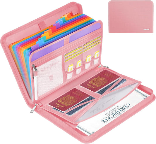 JUNDUN Accordion File Organizer - 12 Pocket Expanding File Folder with Zipper & Labels - Fireproof File Folder Organizer with Multi-Pockets,Document Organizer for Letter A4 Files and More (Pink)