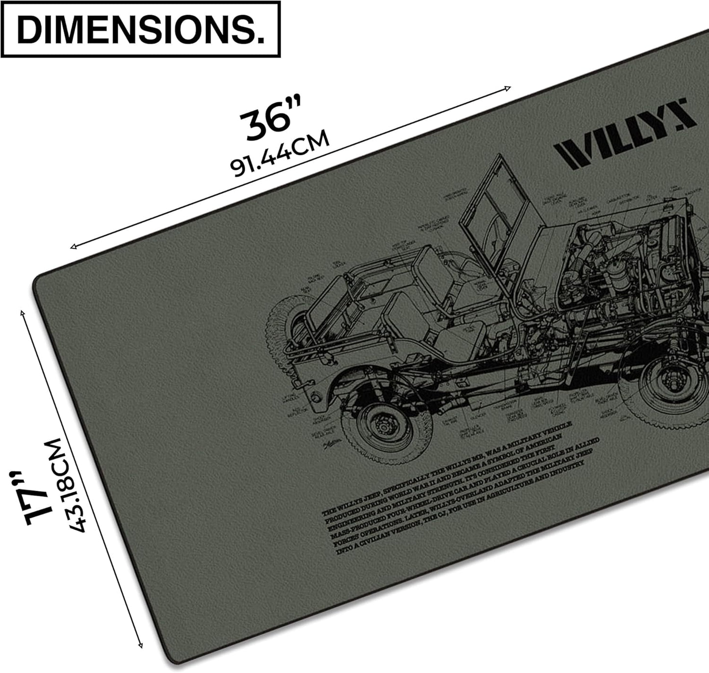 MPCO. Blueprints Large Gaming Desk Pad - 36" x 17" Duraglyde Fabric Willys Jeep – Green Desk Mats - Non-Slip, Washable, Smooth Glide for Precision Gaming & Work