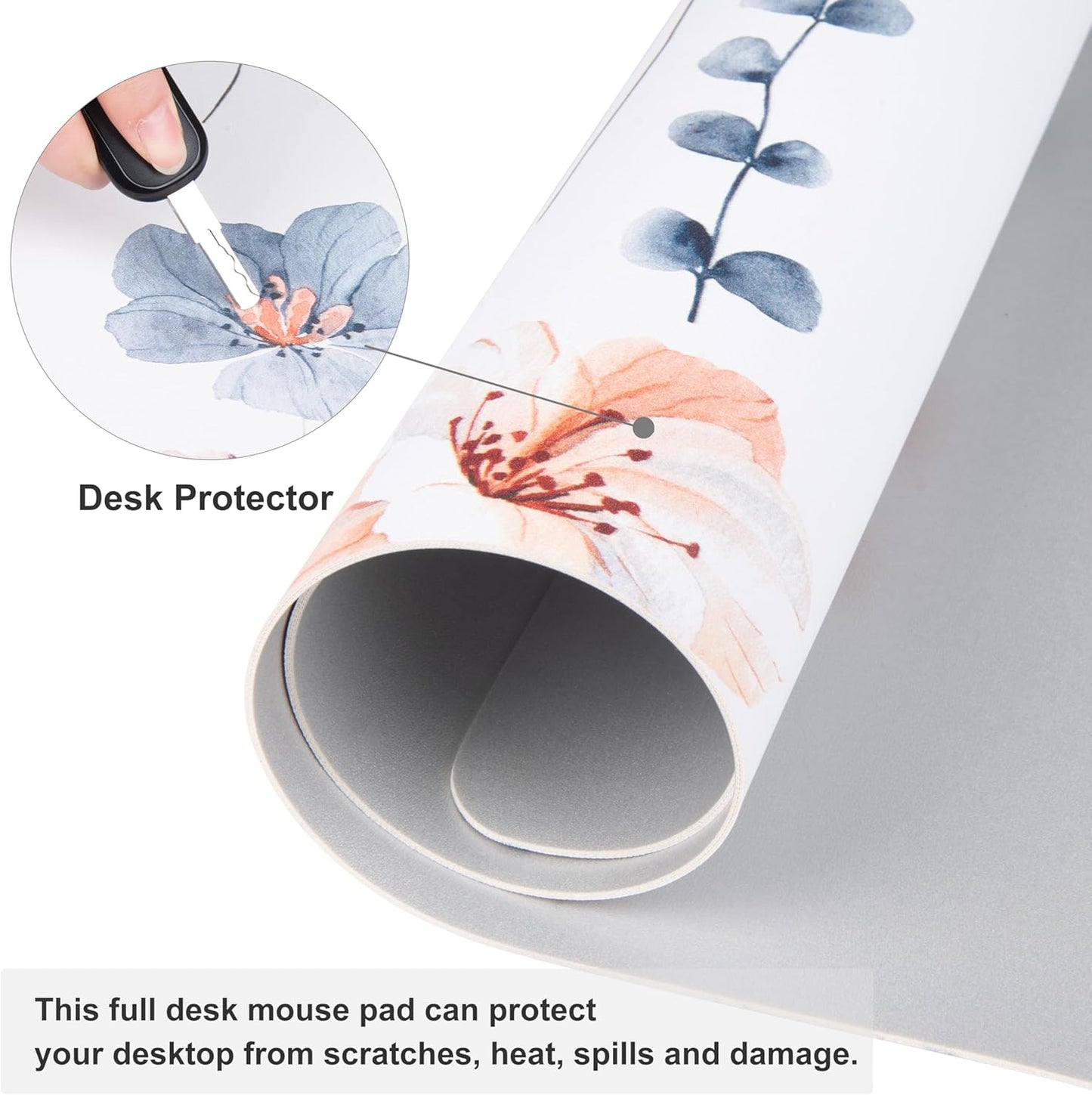 QIYI Large Mouse Pad, Floral Desk Mat for Desktop, Women Girls PU Leather Waterproof Gaming Mousepad, Computer Laptop Flower Desk Accessories Protector Writing Pad for School Office Home 31.5" x 11.8"