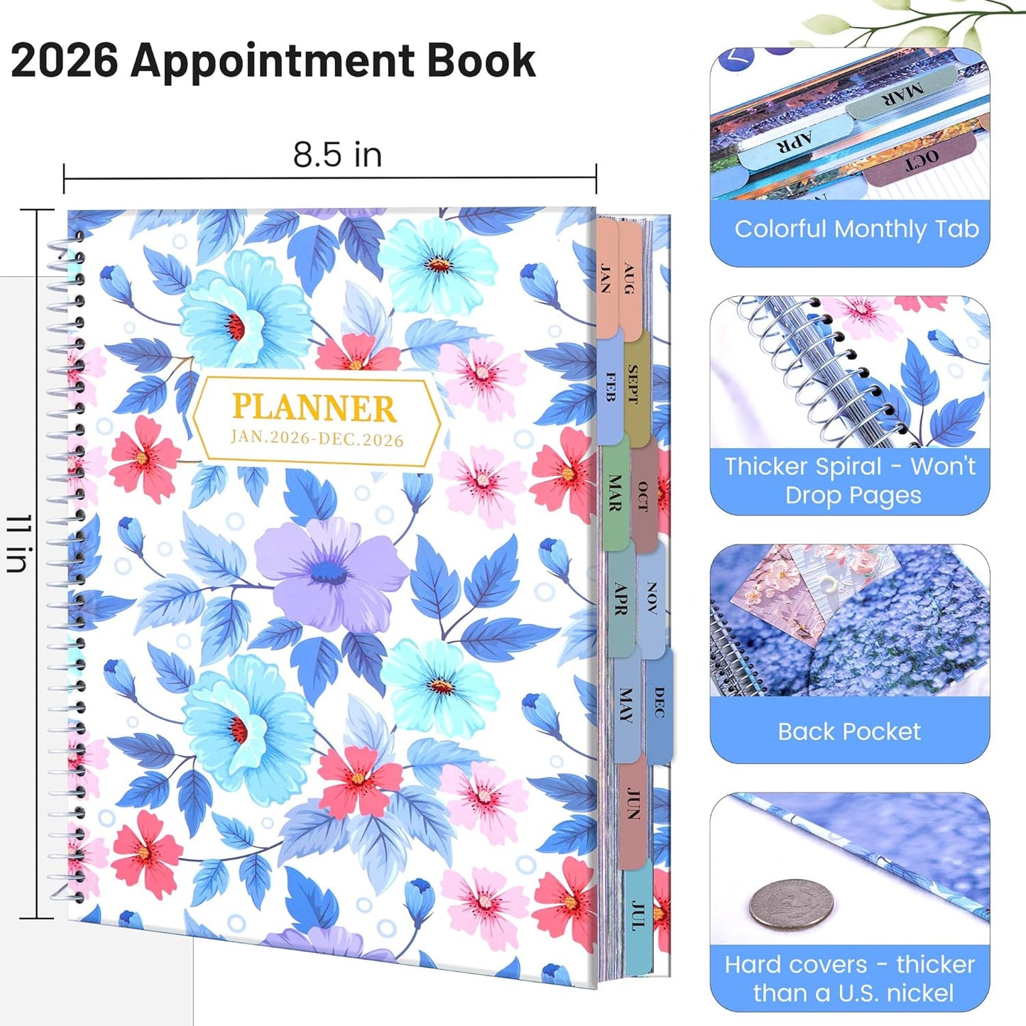 CAGIE Planner 2026 Monthly (Jan. 26-Dec. 26), 12 Month Academic Planner 8.5"x11", Large Daily Planner with Hourly Timeslot, Monthly Tab, Spiral Binding, Bookmark