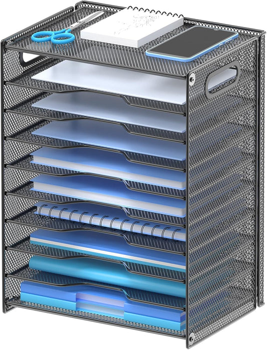 OUTWOLF 10 Tier Paper Organizer - Letter Tray Mesh Desk File Organizer with Handles for Office School Desktop, Black