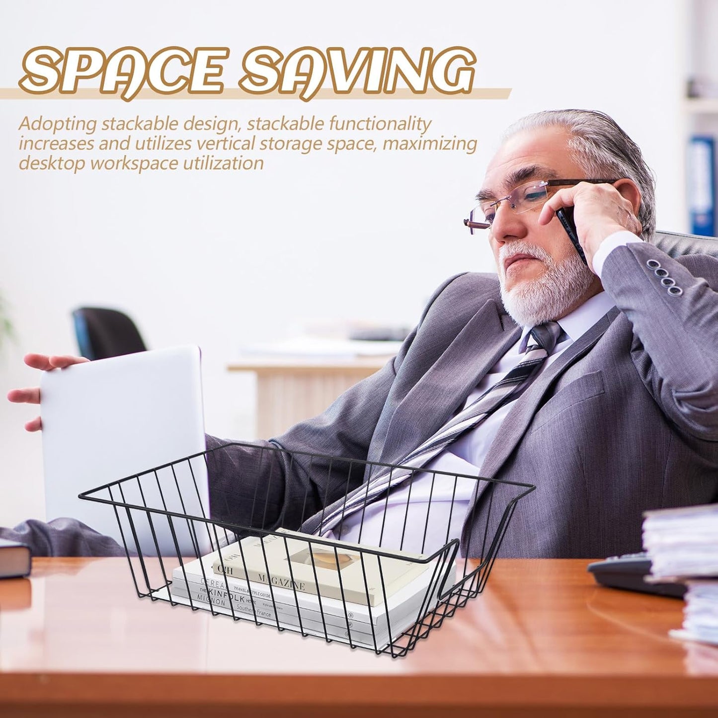 Yeaqee 6 Pcs Letter Tray Wire Paper Trays Stackable File Desk Organizer Metal File Paper Holder Basket for Desk Desktop Letter Storage for Office Home Classroom School(17'' x 12'' x 5 '',Black)