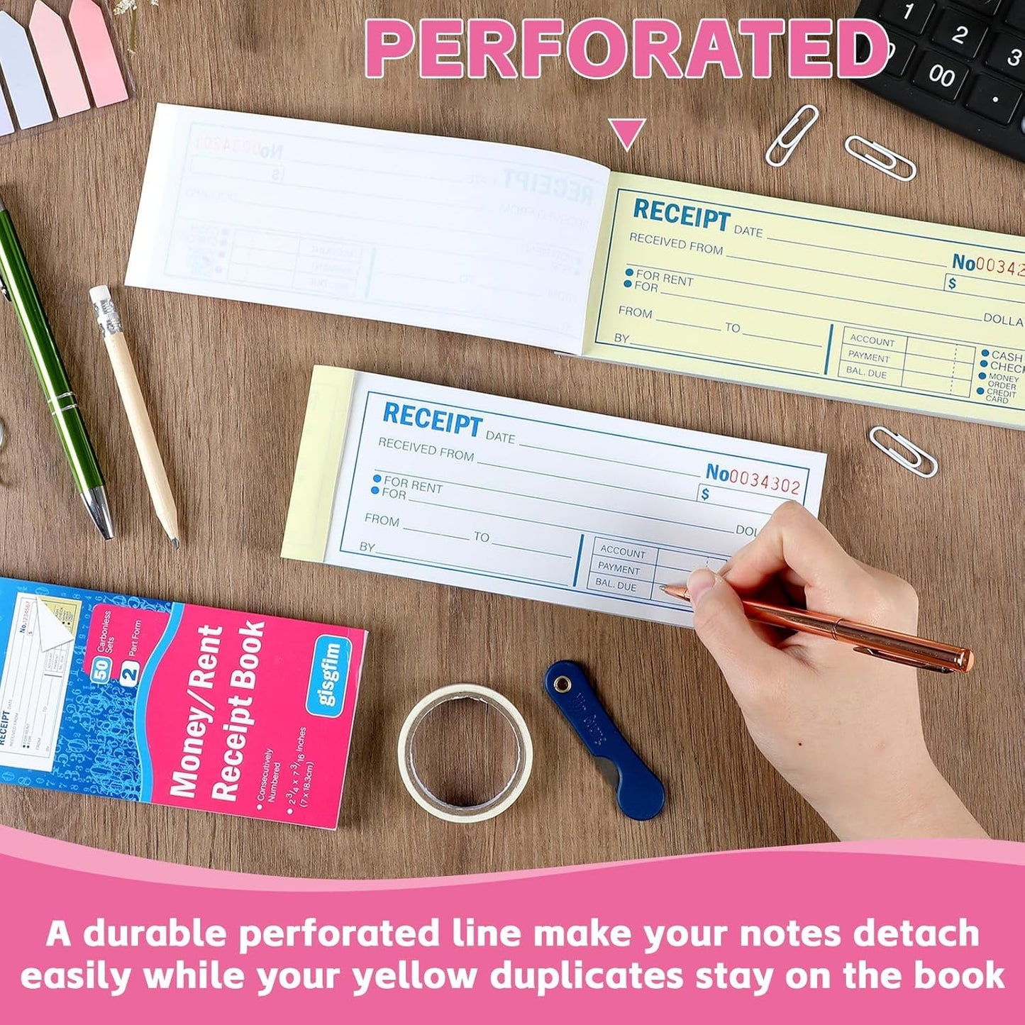 gisgfim 4 Pads Receipt Book with Carbon Copies Money and Rent Receipt Book 2 Part Carbonless Bound Wraparound Cover Petty Cash Business Invoice Book for Small Business 2-3/4 x 7-3/16Inch 50 Set/Book