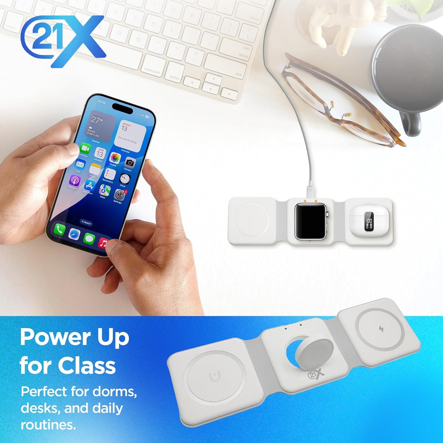 3-in-1 Foldable Magnetic Wireless Fast Charger – Travel Charging Pad Compatible with iPhone 12–16 Series, Samsung Galaxy Series, Huawei, Apple Watch, AirPods & Other Qi-Enabled Devices