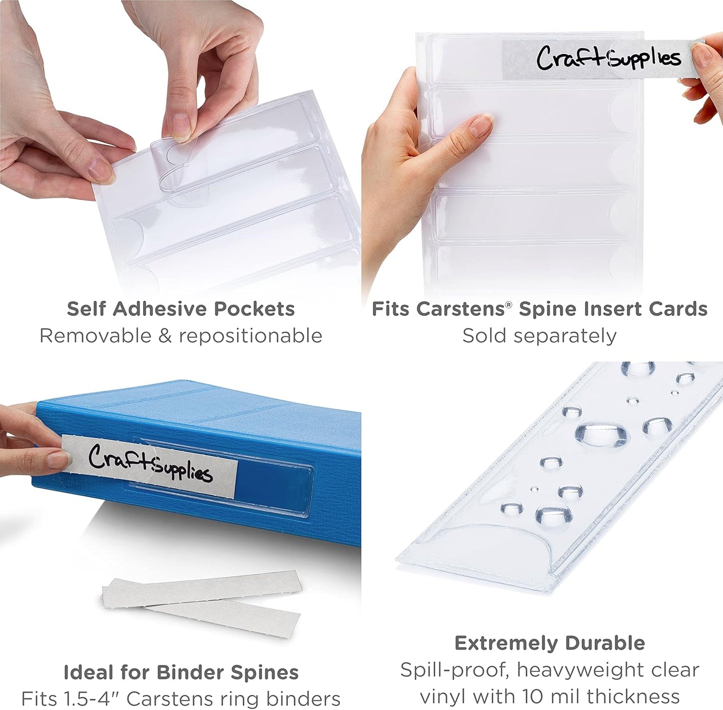 Carstens - 60 Pack, Clear Binder Spine Insert Adhesive Pockets, 5.375 x 1.375 Inch Heavy Duty Vinyl (1639-0010) - Ideal for 1.5-4 Inch Ring Binder Spines and Medical Charts