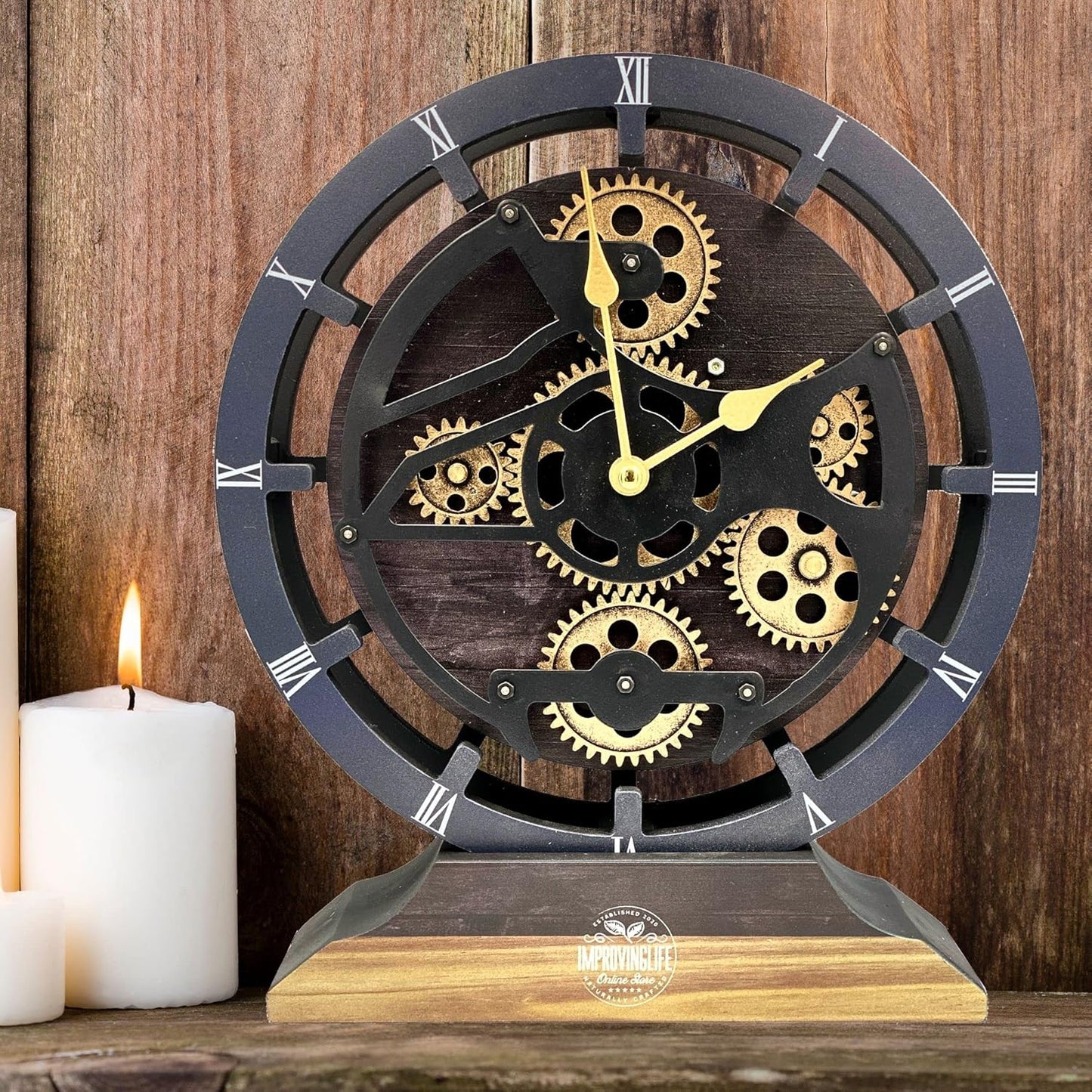 The Gears Clock Desk Clock 10 inches with Real Moving Gears Convertible into Wall Clock (Vintage Black)