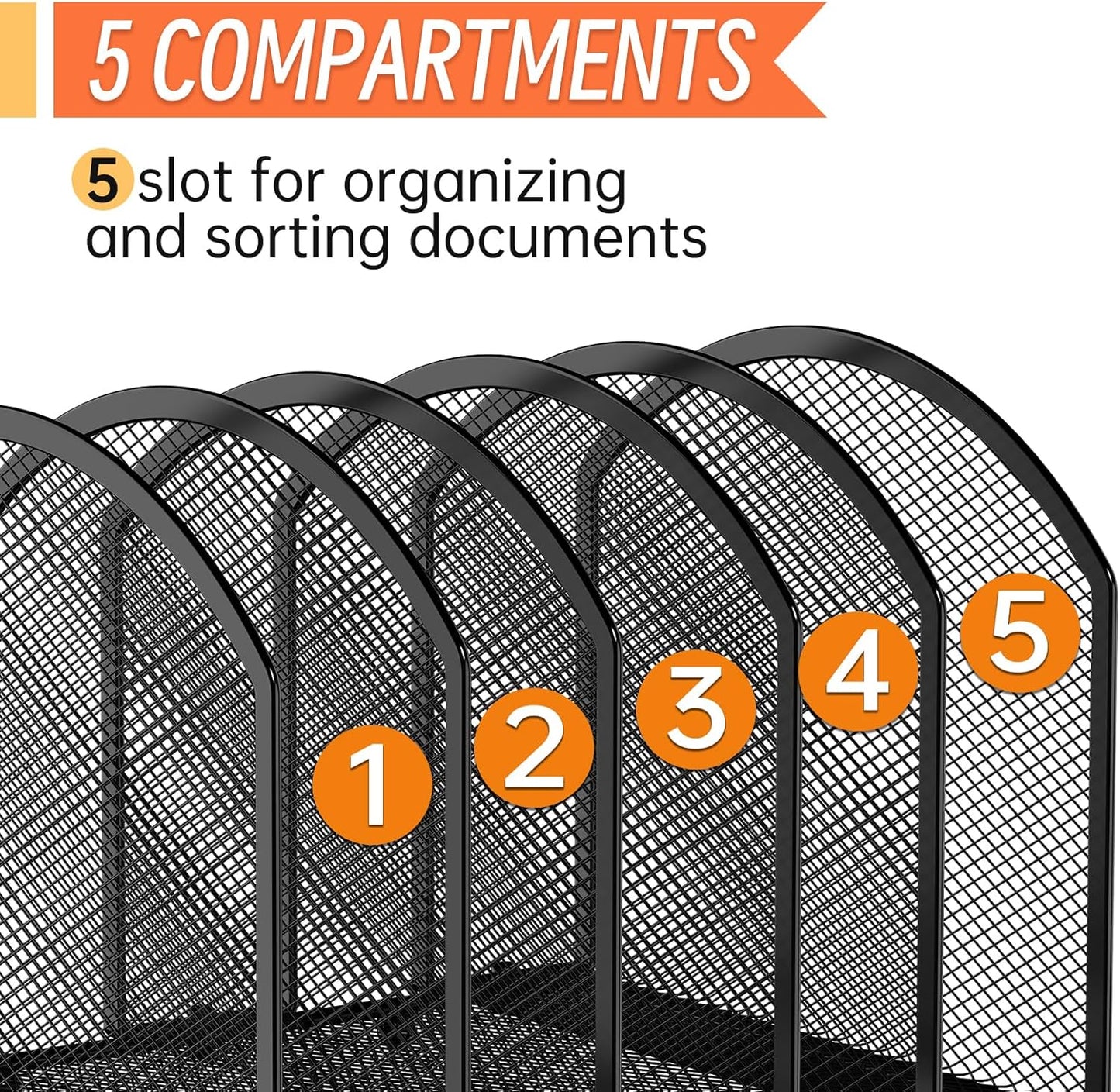 5-Section Desk File Organizer, Vertical Desktop File Holder Mail Sorter File Folder Holder Organization for Office School & Classroom (Black - 1Pack)